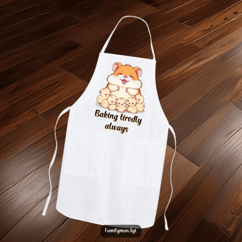 Funny dad hamster napping surrounded by his babies, on a functional kitchen apron. Brings gentle humor and coziness to cooking activities.