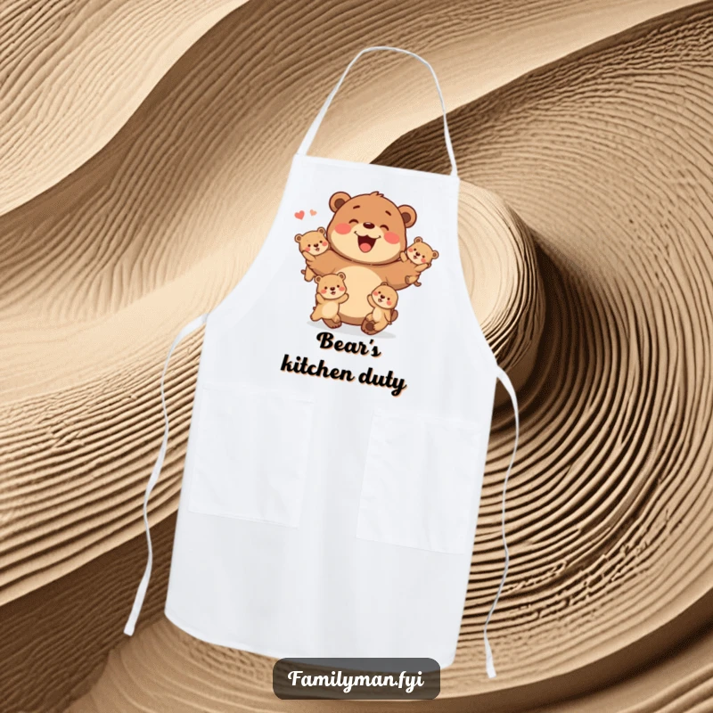 Funny Apron featuring a happy father bear juggling baby bears while cooking, embodying dad's multitasking.