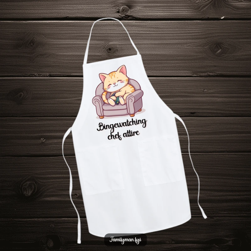 Funny apron with a contented cat sitting on a tiny couch, holding a remote.