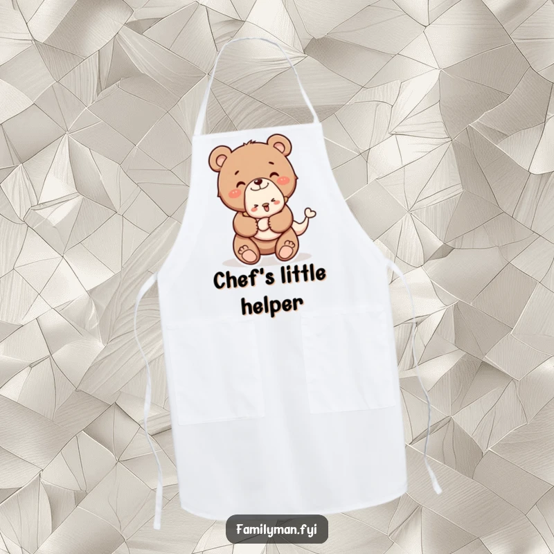 Funny apron with a happy bear cub carrying a baby animal piggyback, perfect for adding charm to kitchen activities.