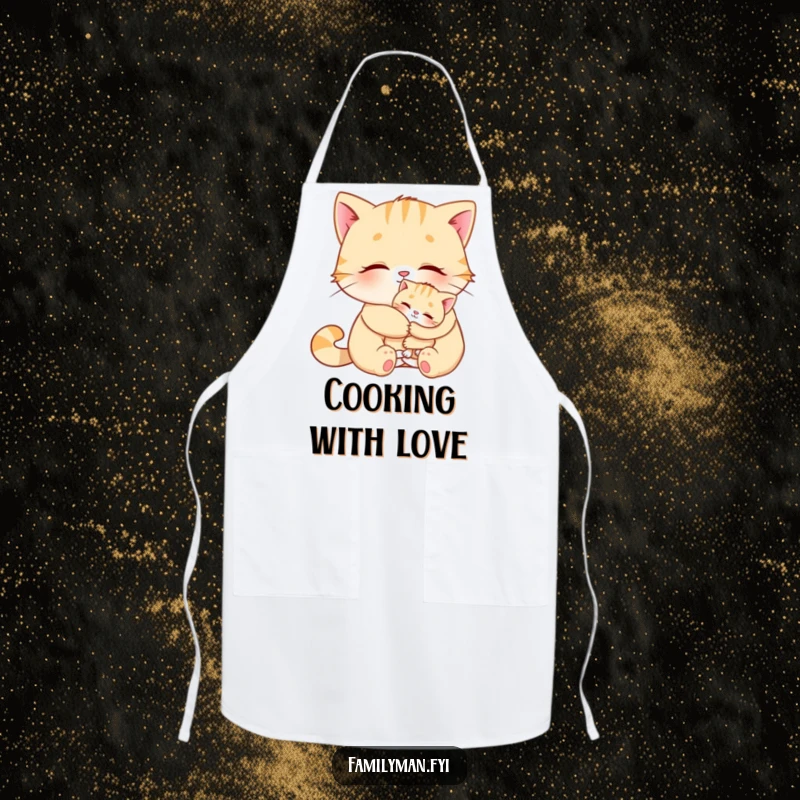 Funny Cat Apron depicting cats hugging, perfect for humorous and protective kitchen sessions.