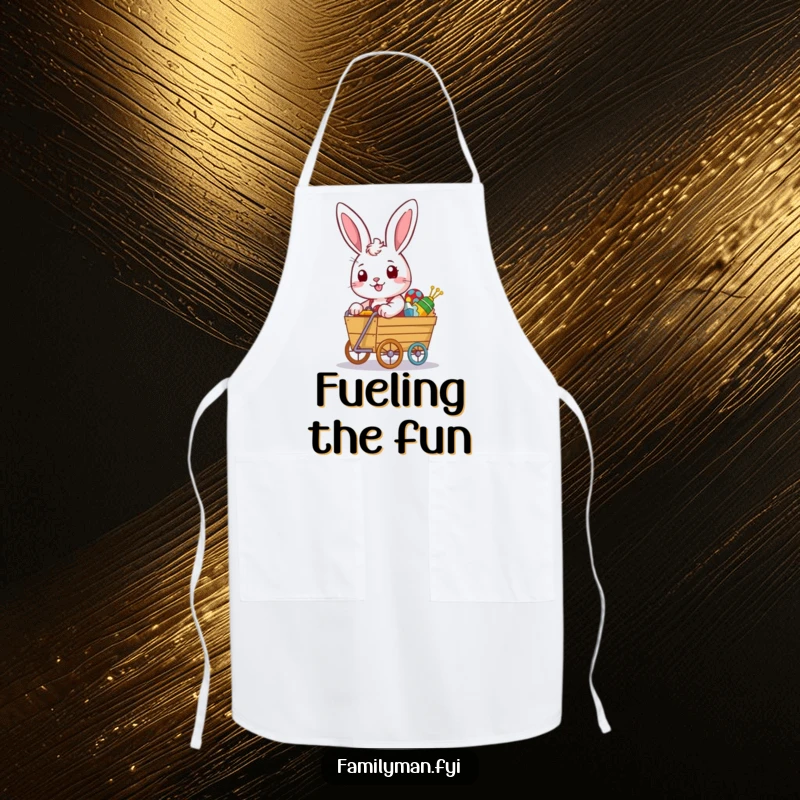 Funny rabbit apron with a determined look pushing an overflowing toy cart, humorous kitchen wear for collectors.