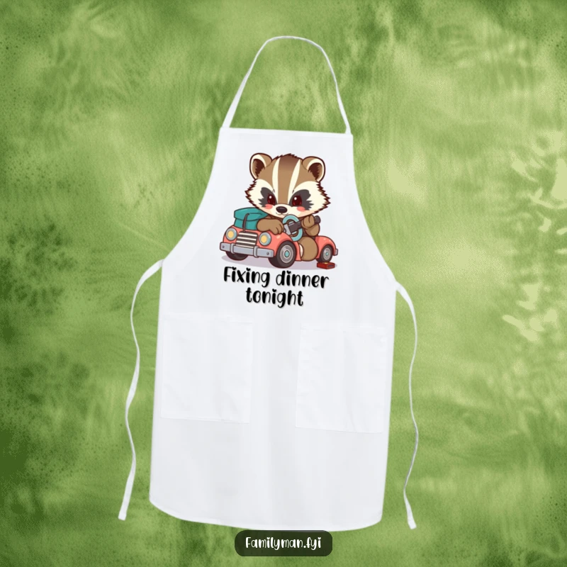 Funny badger apron, a determined badger using a wrench to fix a toy car. Great for crafting.