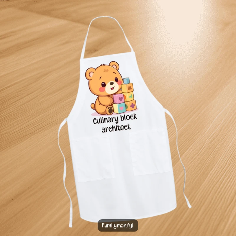 Funny apron with a determined bear cub stacking colorful wooden blocks.