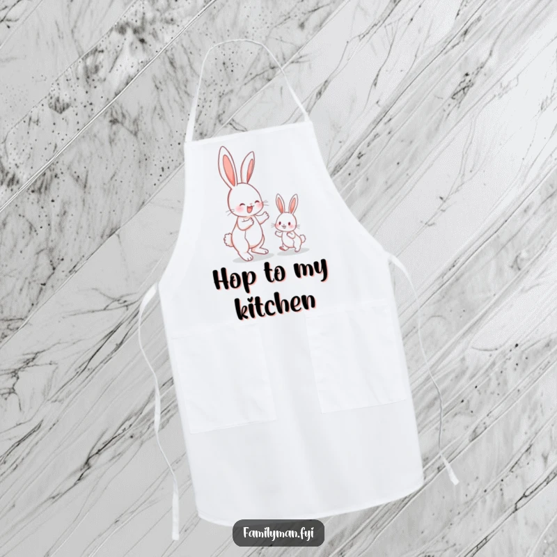 Funny bunny apron, an energetic bunny teaching hopping to a smaller bunny, ready for kitchen fun.