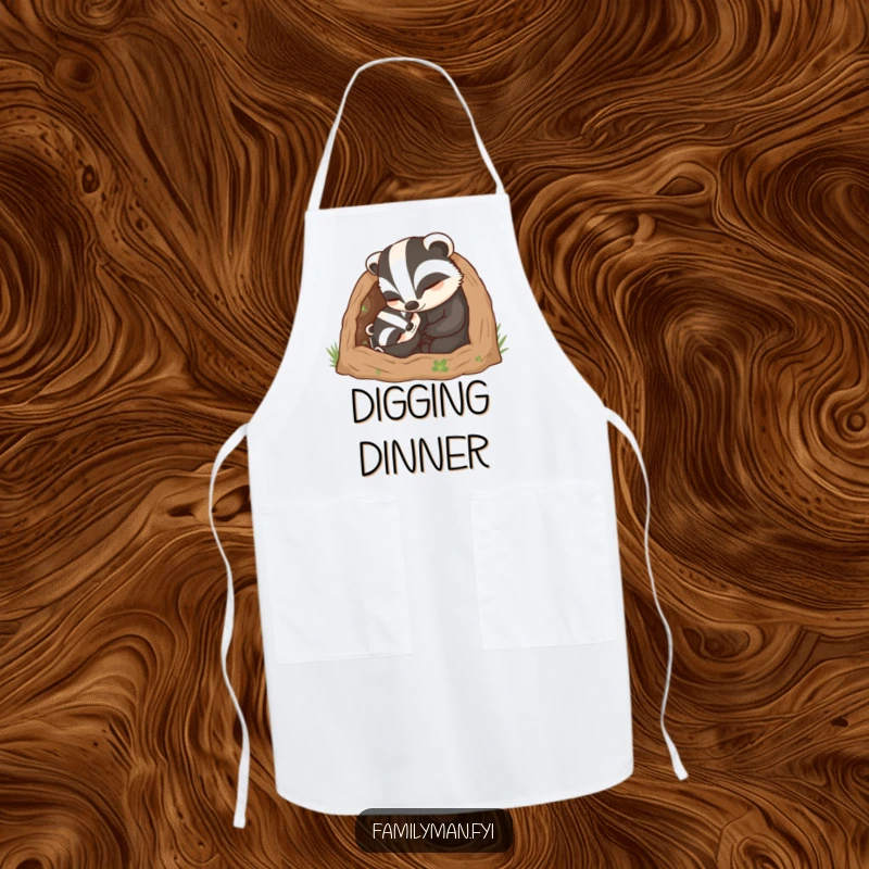 Funny Dad Badger Apron: A caring father badger character tucking his young into a cozy burrow, bringing humor to cooking.