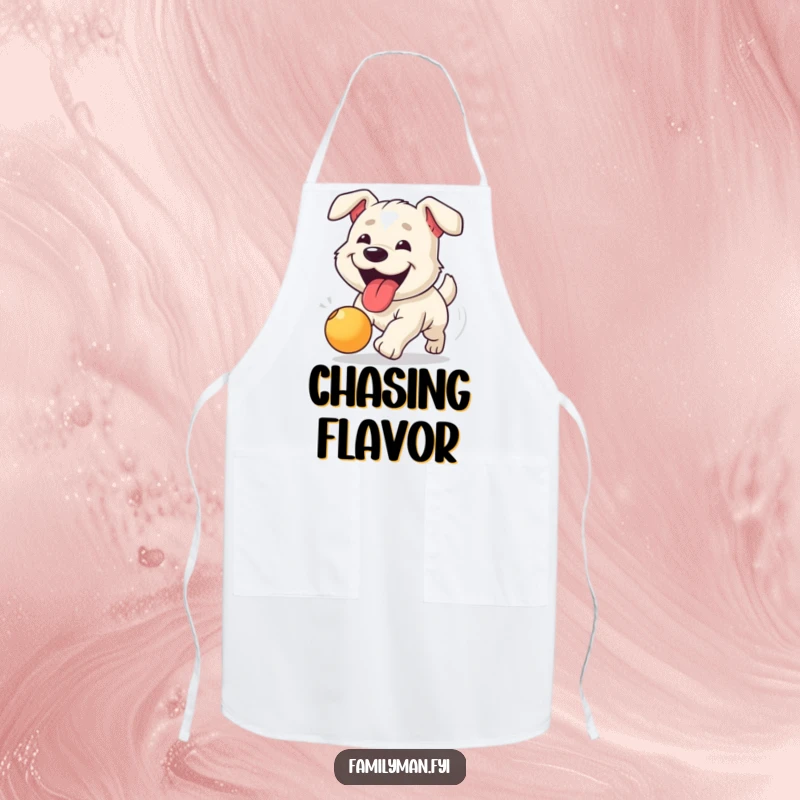 Funny apron depicting a happy dog with its tongue out, enthusiastically chasing a bouncing ball during a backyard game.