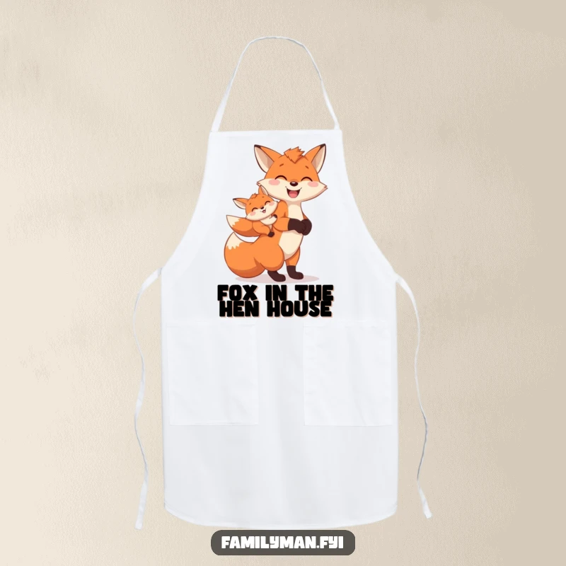Funny Apron featuring a cheerful father fox carrying a baby fox on its back, embodying fatherly care.