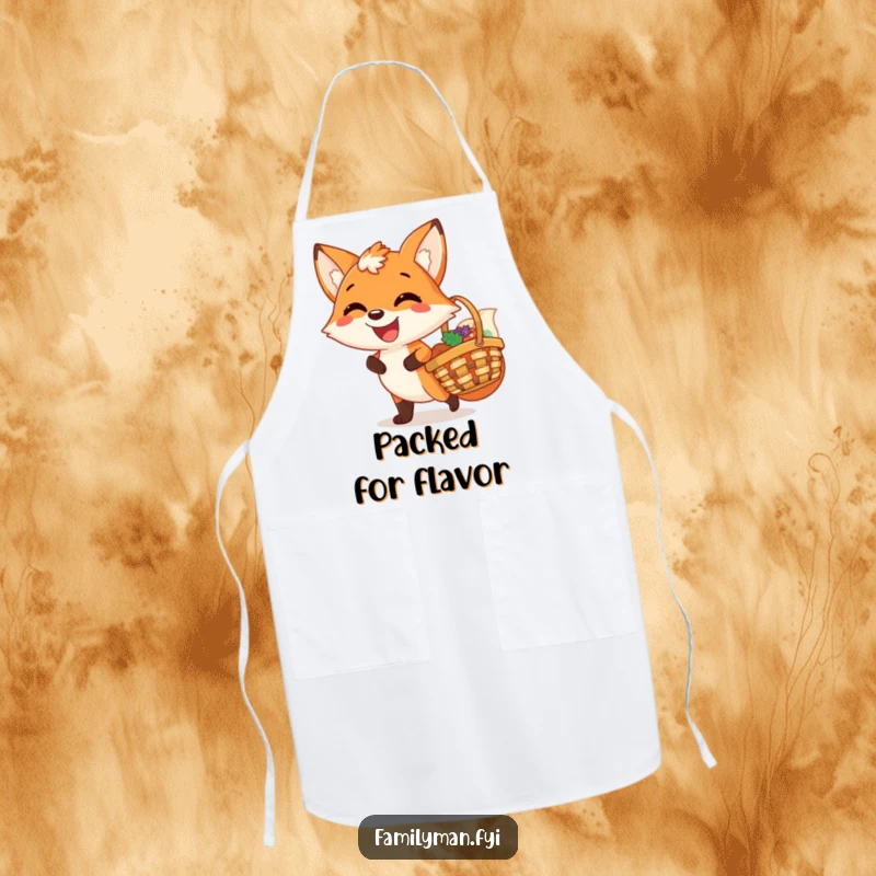 Funny apron featuring a joyful fox in a chef’s hat, grinning widely while holding a picnic basket, ready to cook.
