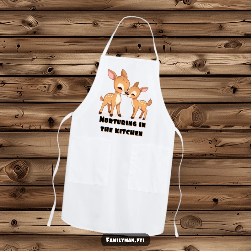 Funny deer apron illustrating a doe playfully nudging her fawn, adding humorous charm to kitchen tasks.