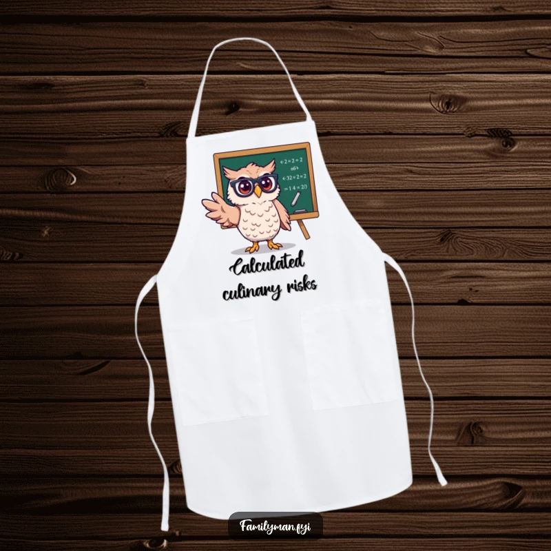 Funny Owl Chef Apron, an owl in glasses gesturing to equations, ready to cook up a storm with smarts.