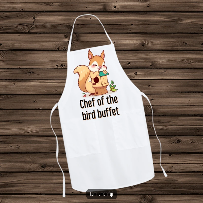 Funny playful squirrel apron, showing a squirrel busy building a birdhouse, adding humor and DIY spirit to kitchen tasks.