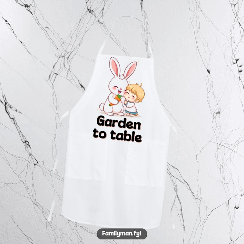 Funny apron with a loving rabbit sharing a carrot with a child, adding a touch of wholesome charm to kitchen activities.