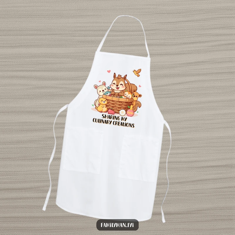 Funny squirrel apron, a cheerful squirrel sharing a picnic basket with animal friends. Great for hosting.