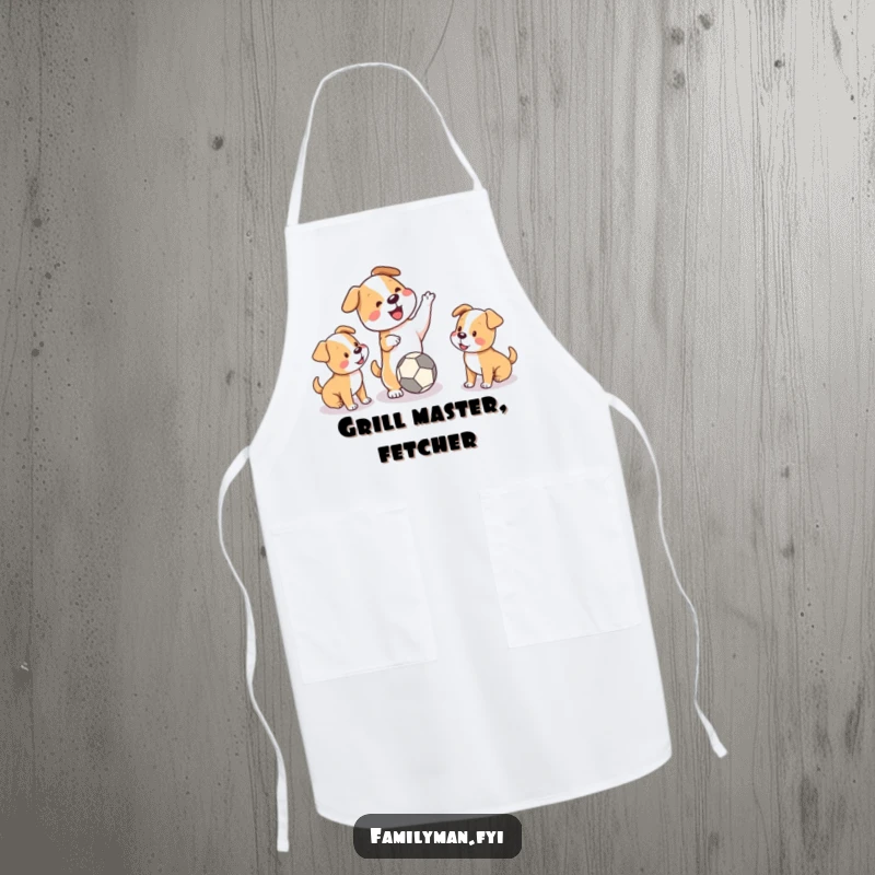 Funny apron with a playful dog throwing a ball for two puppies, adding a touch of fun to kitchen duties.