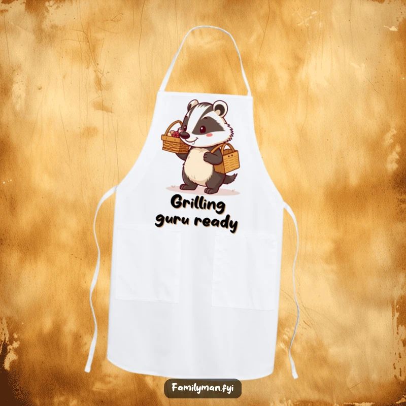 Funny determined dad badger carrying a picnic basket with a proud grin, depicted on a functional kitchen apron. Celebrates fatherly determination and mealtime fun.