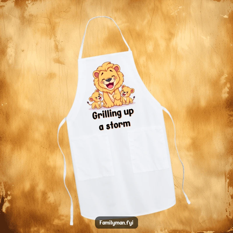 Funny Dad Lion Apron: A humorous apron with a happy lion dad playing fetch with cubs, a funny kitchen essential.