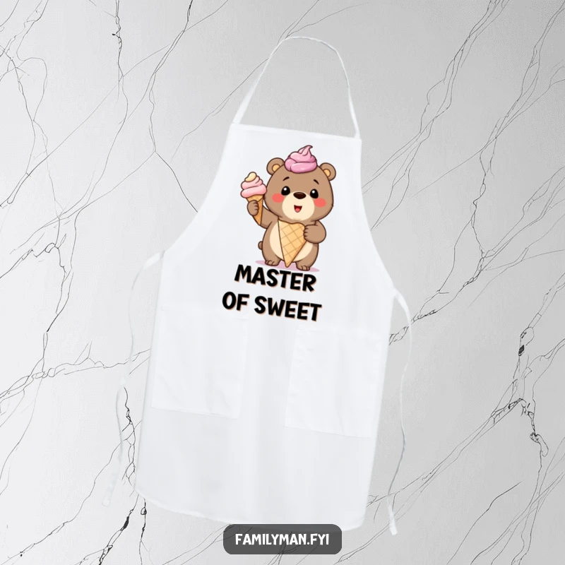 Funny Apron showcasing a smiling bear cub proudly holding a giant, overflowing ice cream cone, making cooking a delight.