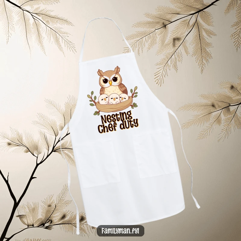 Funny apron showcasing a proud owl parent watching over its sleeping owlets, perfect for protecting clothes during cooking with a humorous touch.