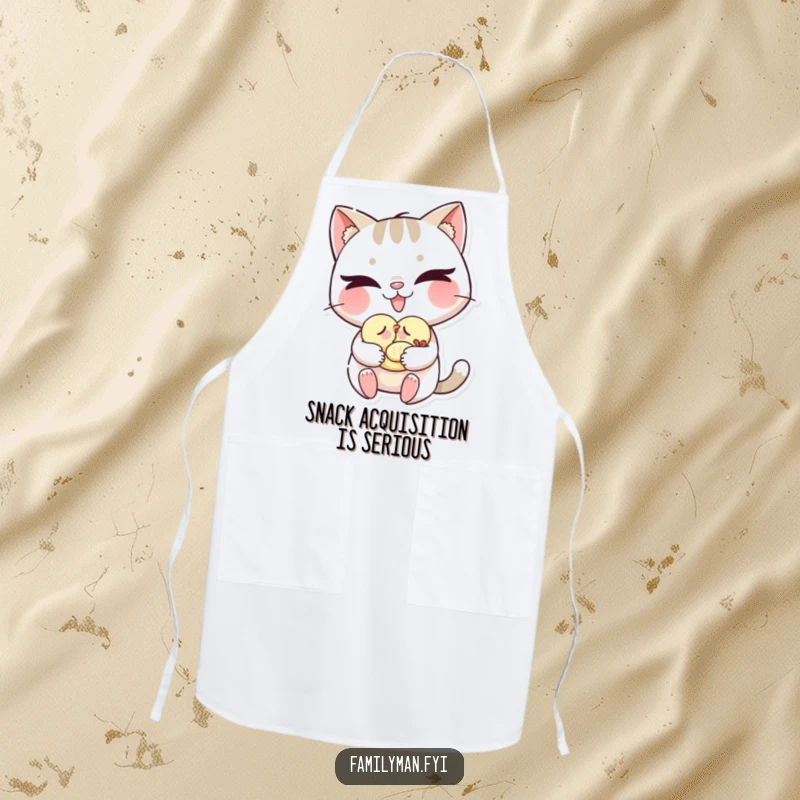 Funny cat apron with a mischievous grin gently carrying a sleeping baby bird, humorous kitchen wear for cooking.