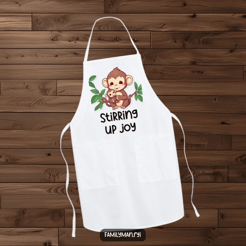 Funny Monkey Apron: Content monkey holding its baby, ready for kitchen duties with love.