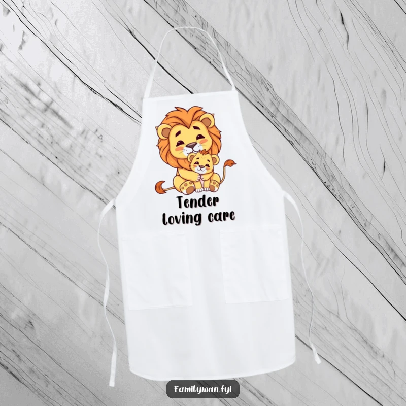 Funny apron with a proud lion embracing a small cub, adding a touch of regal charm to cooking adventures.