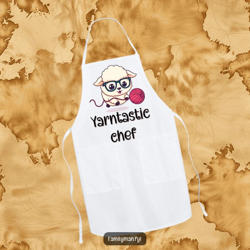 Funny Apron showcasing a fluffy sheep dog in oversized glasses chasing a bouncing yarn ball, making meal prep fun.