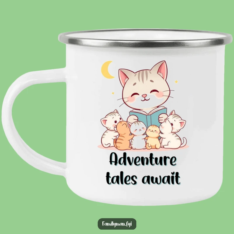 Funny Cat Camping Mug: Cozy Bedtime Story Cat Reading to Kittens, Outdoor Gift