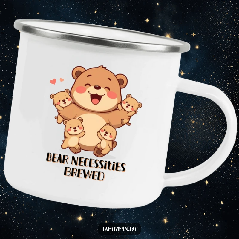 Funny Camping Mug showing a happy father bear juggling baby bears, ideal for outdoor family humor.