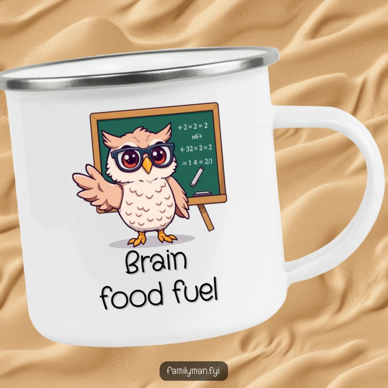 Funny Owl Professor Camping Mug, featuring a smart owl with glasses lecturing near a blackboard of equations for outdoor enthusiasts.