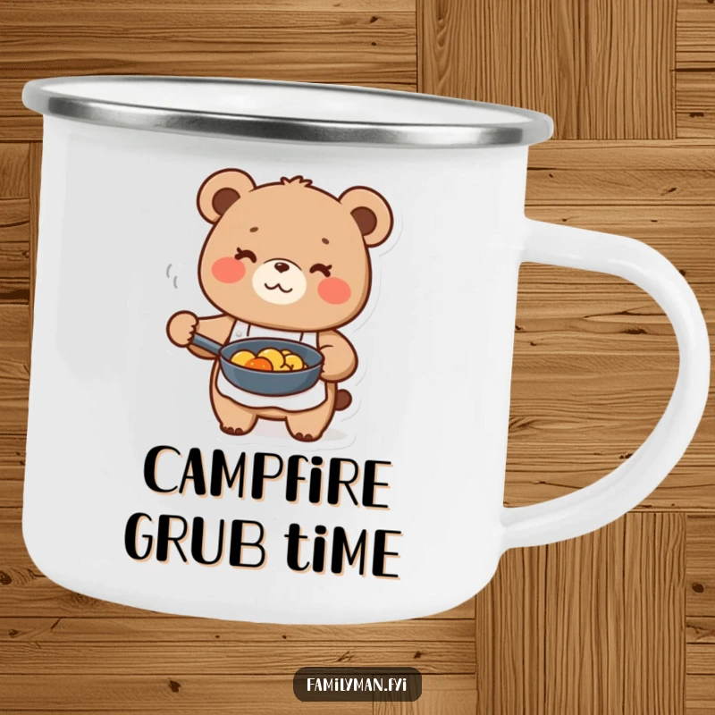 Funny cute bear character in apron, holding a frying pan with food, on a durable camping mug.