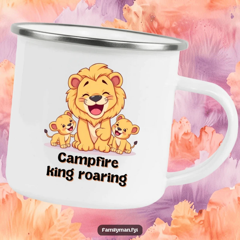 Funny Dad Lion Camping Mug: A happy lion dad playing fetch with his cubs, perfect for outdoor dads.