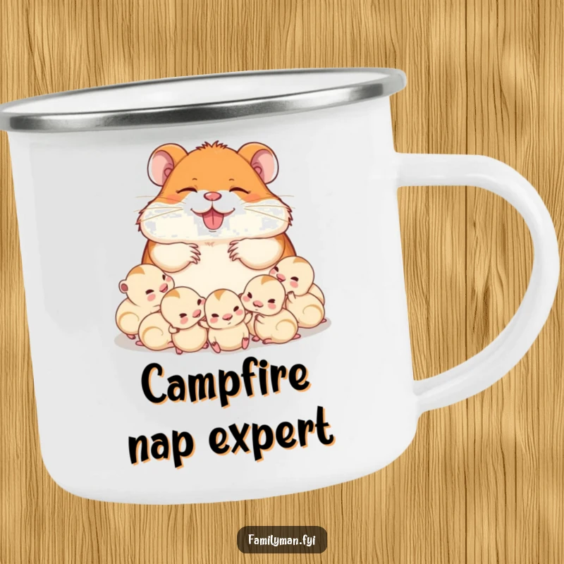 Funny dad hamster napping surrounded by his babies, designed for a durable camping mug. Ideal for outdoor relaxation and a touch of gentle humor.