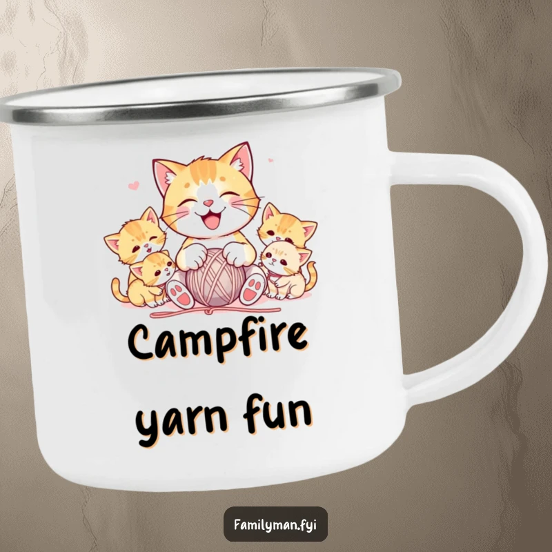 Funny enamel camping mug depicting a joyful cat playing with yarn amidst playful kittens, designed for cat enthusiasts seeking humor and durability.