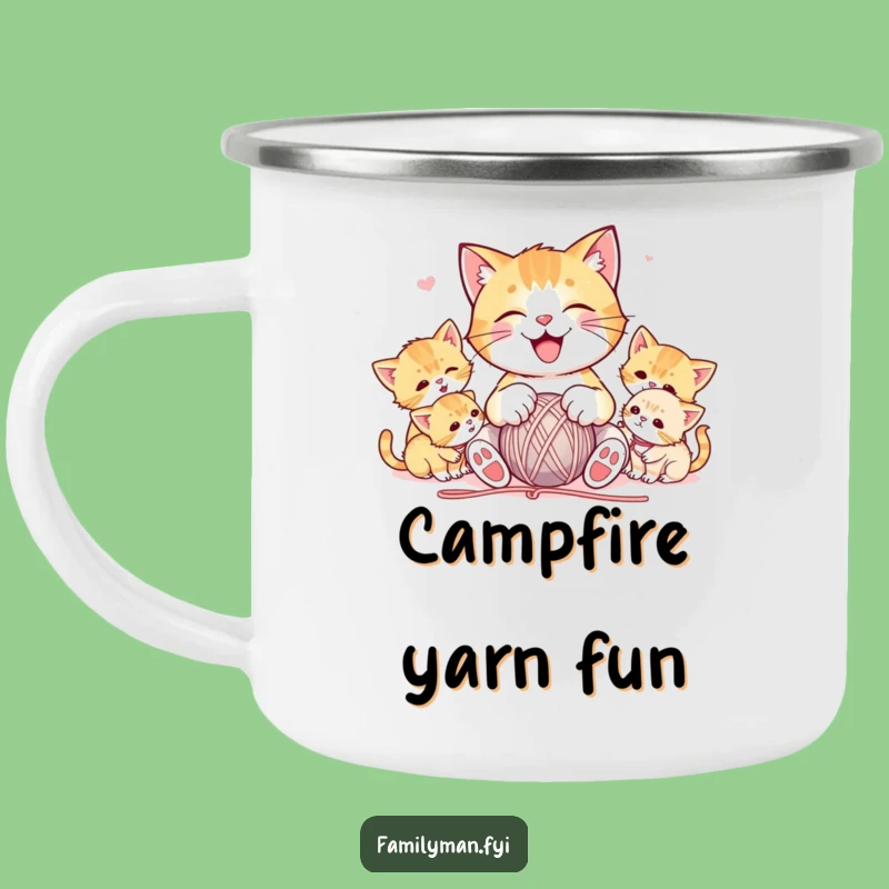 Funny Cat Campfire Mug: Durable Enamel Cup for Cat Lovers, Playful Feline Scene, Great Gift