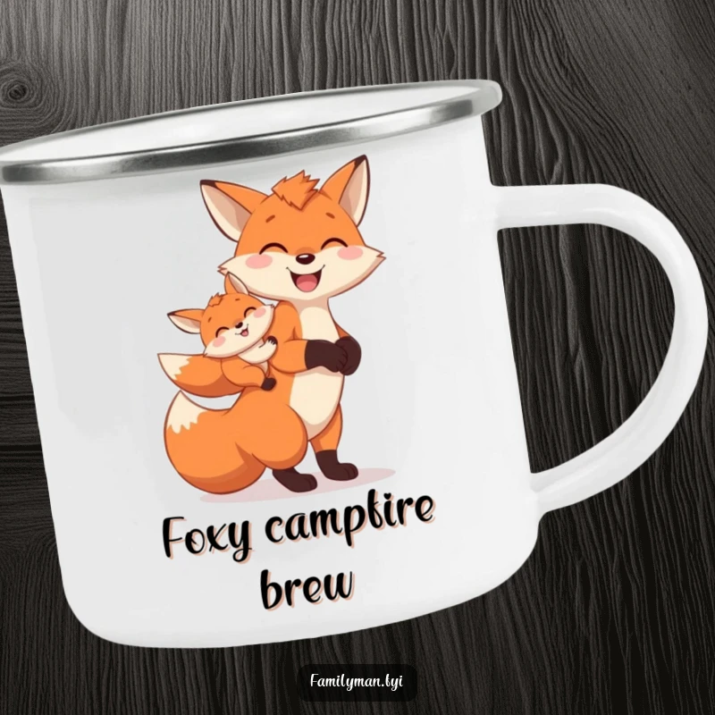 Funny Camping Mug showing a cheerful father fox carrying a baby fox on its back, ideal for outdoor family humor.