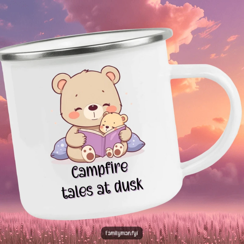 Funny happy bear cub reading a bedtime story to a tiny cub on a durable camping mug.