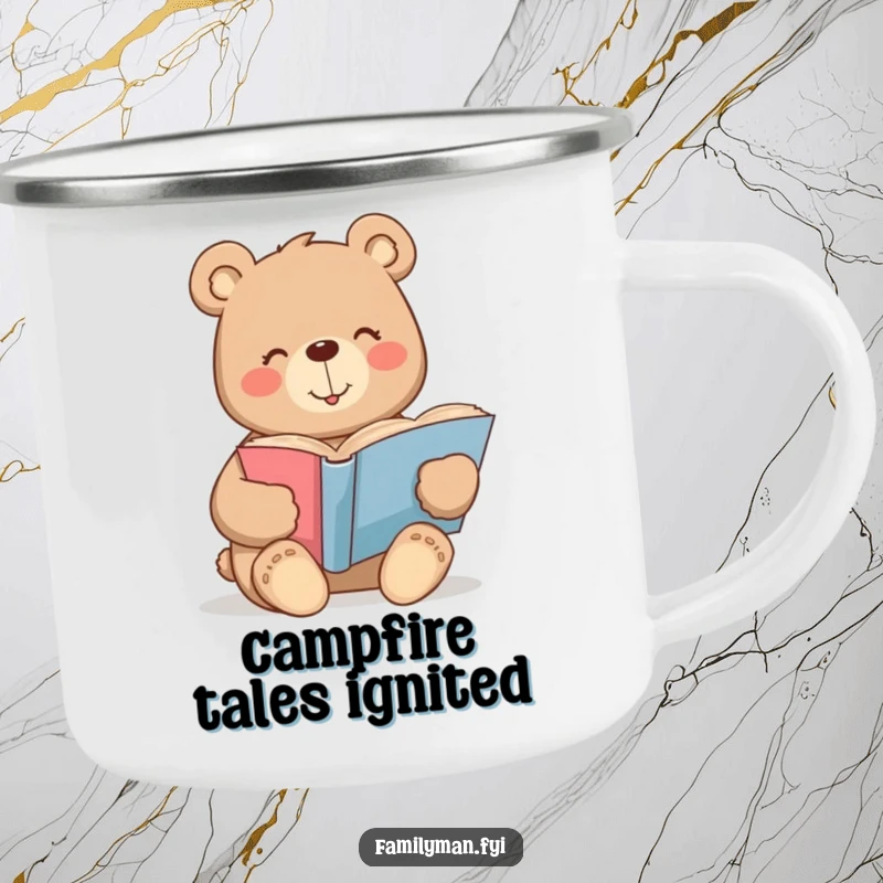 Funny bear camping mug with a warm smile contentedly reading a large storybook, for peaceful outdoor reading.
