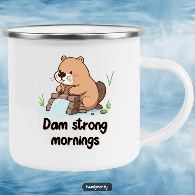 Funny Beaver Camping Mug showing a beaver building a dam, ideal for humorous outdoor work and adventures.
