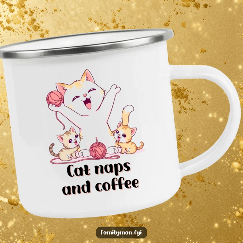 Funny Camping Mug showing a playful father cat tossing a yarn ball for kittens, ideal for outdoor humor.