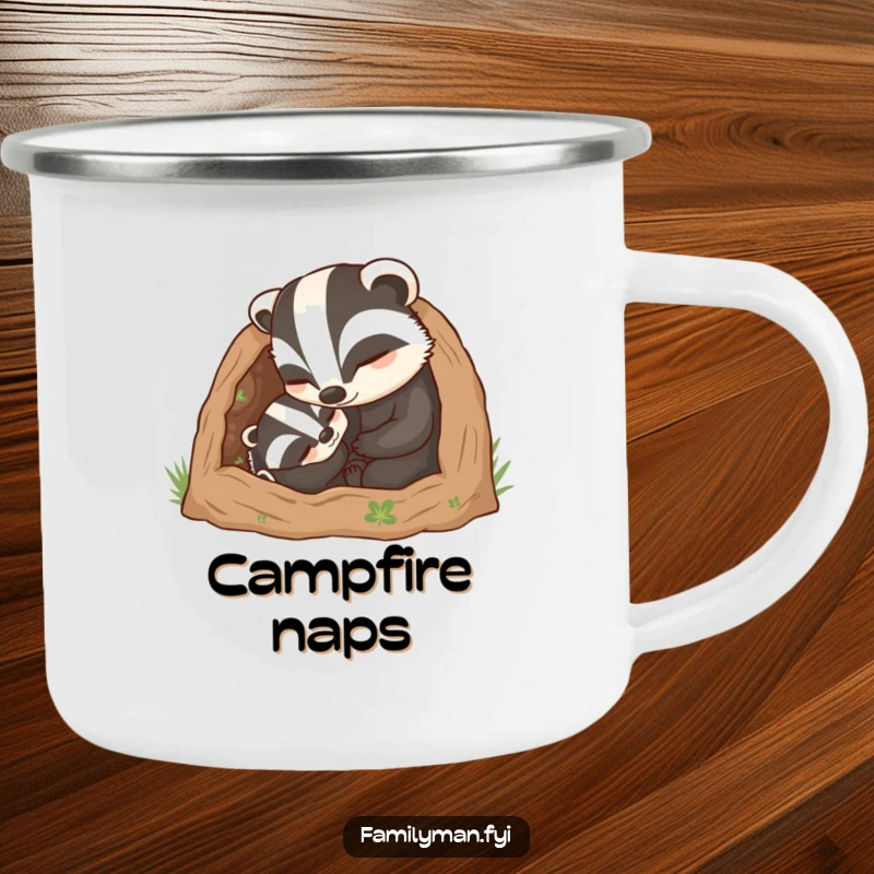 Funny Dad Badger Camping Mug: A caring father badger character tucking his young into a cozy burrow, perfect for cozy dads.