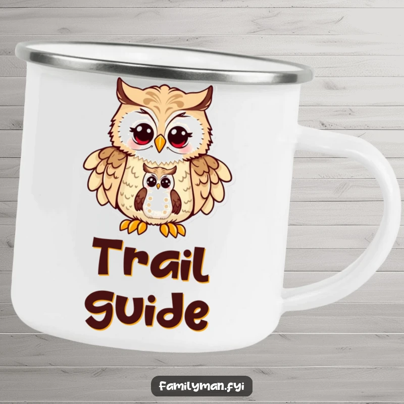 Funny Dad Owl Camping Mug: A proud father owl character showing a map to his owlet, guiding adventurers with humor.