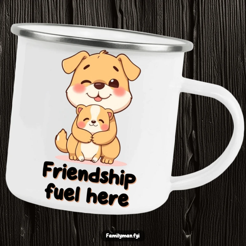 Funny camping mug with a cheerful dog character giving a heartwarming hug to a smaller animal.
