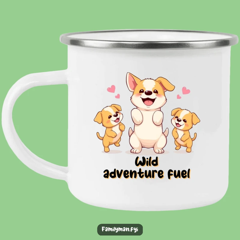 Funny Dog Juggling Puppies Camping Mug: Outdoor Fun, Playful Canine