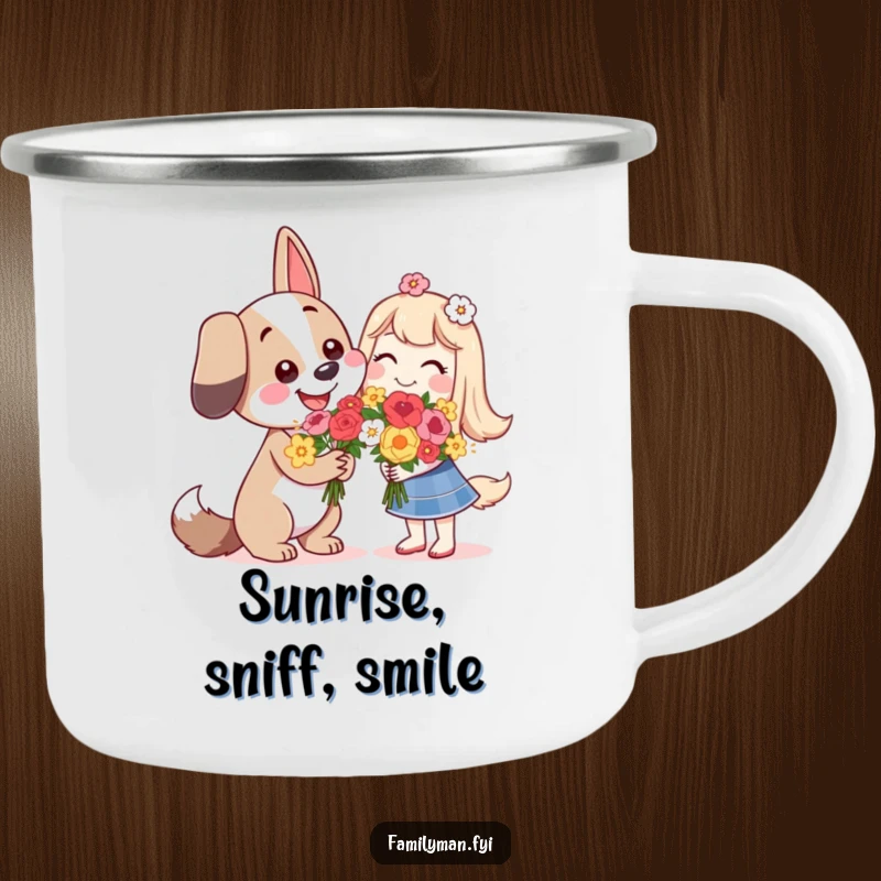 Funny happy dog character giving flowers with a smile, on a durable camping mug.