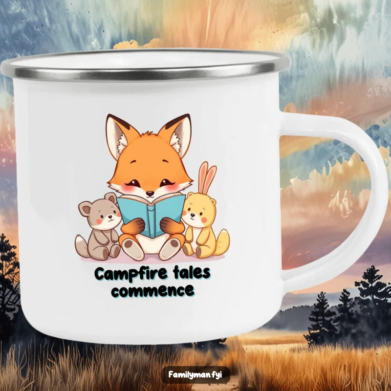 Funny enamel camping mug depicting a curious fox reading a book to stuffed animals, designed for outdoor enthusiasts and bookworms seeking humor.