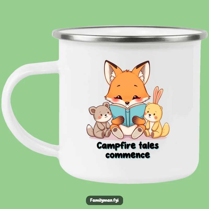 Funny Fox Campfire Mug: Durable Enamel Cup for Readers, Sharing Stories Outdoors, Great Gift