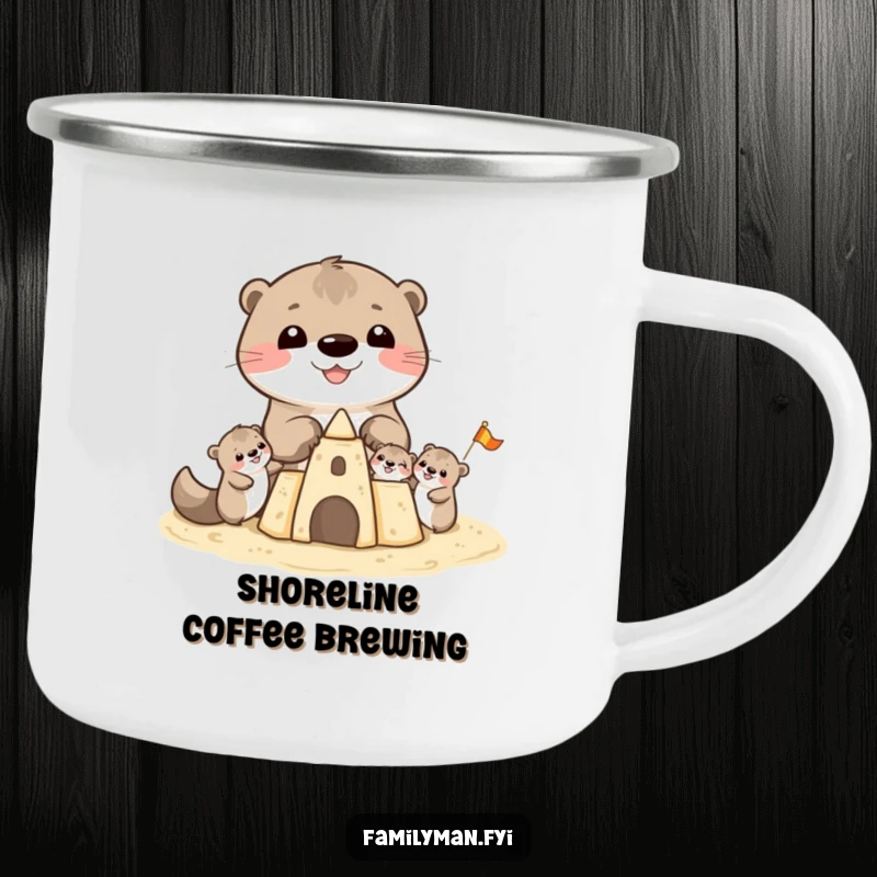 Funny Otter Camping Mug: A cheerful otter family building a sandcastle, designed for rugged use during outdoor adventures and campfire stories.