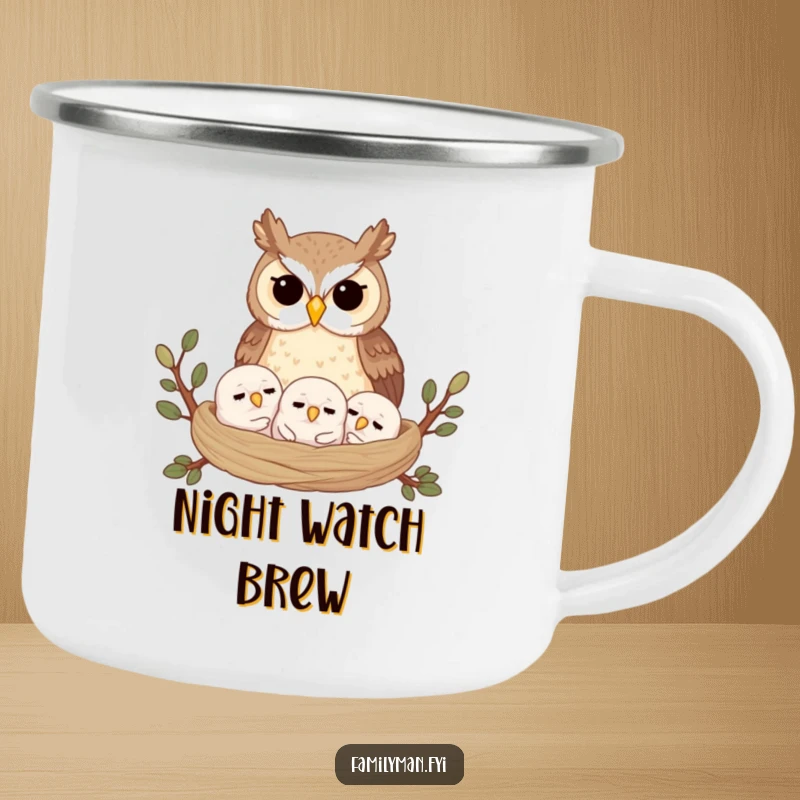 Funny camping mug featuring a proud owl parent and its sleeping owlets in a nest, designed for outdoor adventures and humor.