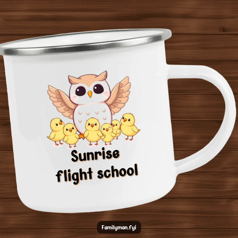 Funny owl character telling flight stories to chicks around a campfire on a rugged camping mug, a humorous outdoor item.
